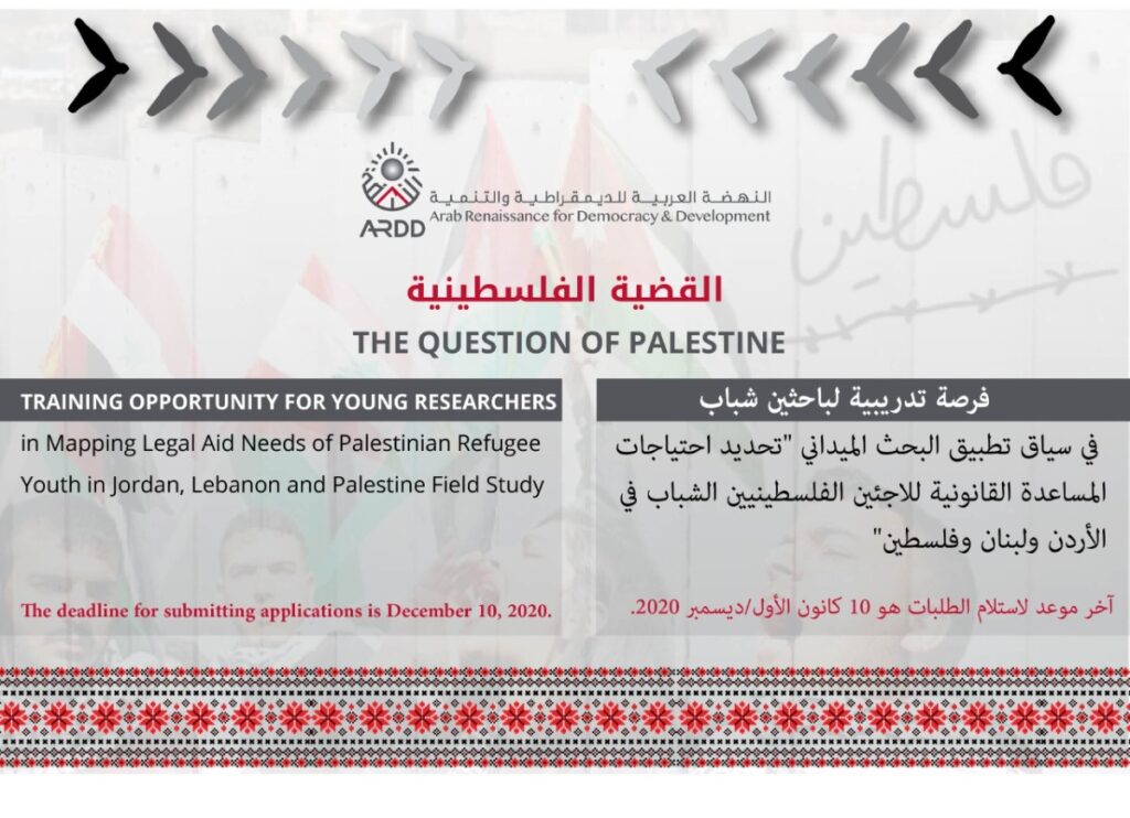 Training opportunity for young researchers  in Mapping Legal Aid Needs of Palestinian Refugee Youth in Jordan, Lebanon and Palestine Field study